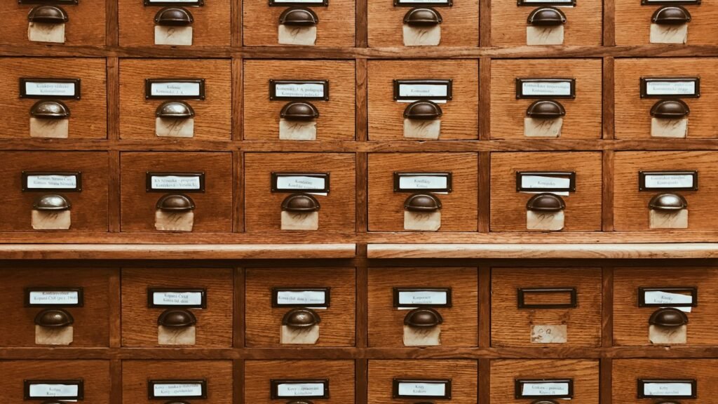 A wall of library catalogue drawers